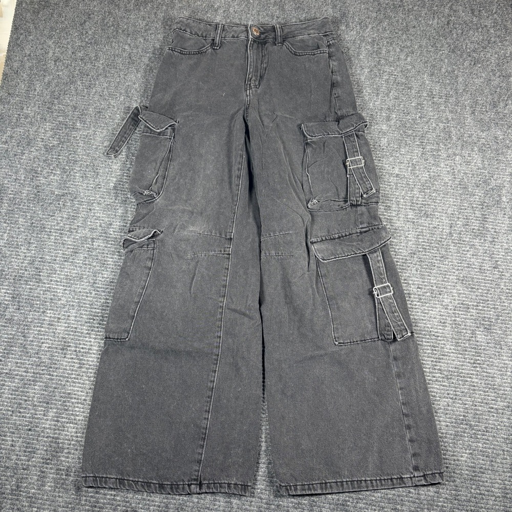 SO Baggy Jeans Women's Cargo Pants Black Wash Size 7 28W Wide Leg Denim
